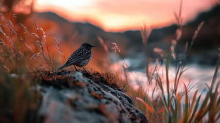 Wall Mural -  A small bird perches on a rock by a tranquil body of water In the foreground, grass gently swayes The sunset paints the sky with warm hues behind