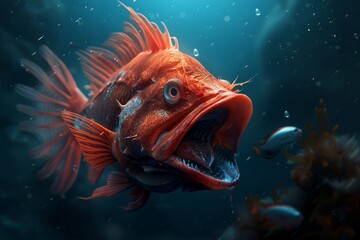 Wall Mural -  A tight shot of a fish with its mouth agape, revealing protruding teeth