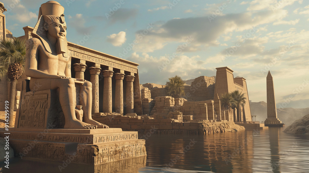 The image features an ancient Egyptian temple complex beside a serene ...