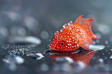 Wall Mural -  A tight shot of a red fish speckled with white dots against its body, surrounded by water droplets on its surface