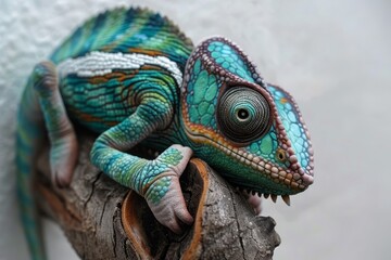 Wall Mural -  A close-up of a chameleon on a branch against a white wall background