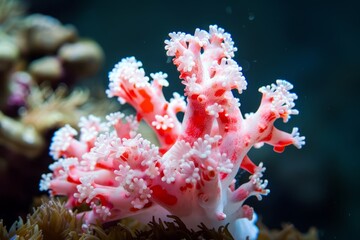 Wall Mural -  A tight shot of a red and white sea anemone atop a coral, surrounded by various corals in the background