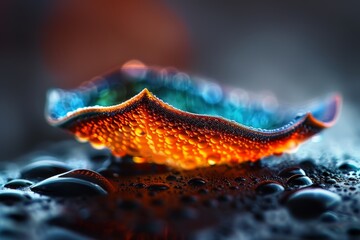 Wall Mural -  A tight shot of a wet leaf on the ground, surrounded by water droplets Background softly blurred