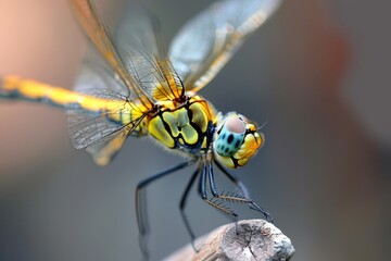 Wall Mural -  A blue-and-yellow dragonfly rests atop a log, spreading its wings wide and closing its eyes