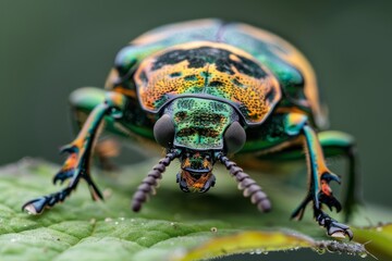 Wall Mural -  A detailed shot of a vibrant insect perched on a wet green leaf, with droplets gracing its hind legs