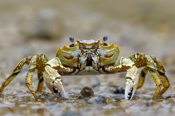 Wall Mural -  A tight shot of a crab on the ground, a rock prominent in the foreground, background softly blurred