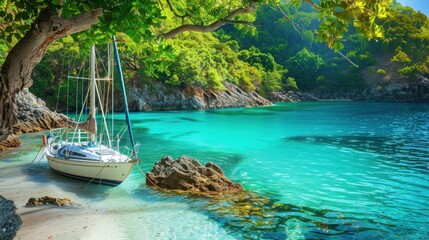 Sticker - Sailboat Anchored in a Secluded Tropical Cove