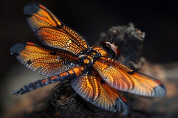 Wall Mural -  A dragonfly perches on a wooden surface, its wings at rest, carrying a ladybug on its dorsal shield