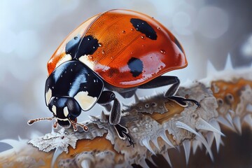 Wall Mural -  A detailed shot of a ladybug perched on a branch, its back legs dotted with water droplets