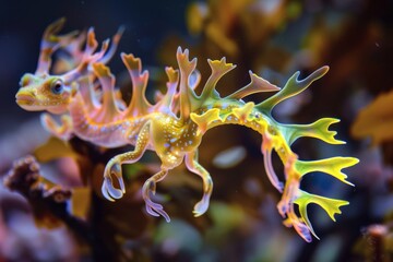 Wall Mural -  A tight shot of a seahorse among corals, with coral formations in the background and water in the foreground