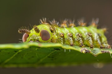 Sticker -  A tight shot of a green caterpillar atop a leaf, surrounded by secondary caterpillars in the backdrop