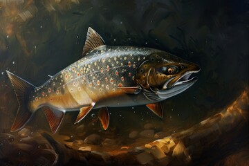 Wall Mural -  A large brown fish with spotted body and mouth swims in a water body