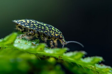 Wall Mural -  A tight shot of an insect perched on a leaf, its back legs and legs dotted with water droplets