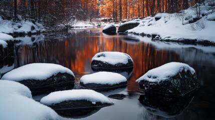 Wall Mural -  A river encircled by snow-covered rocks, nestled within a forest of trees and boulders in the foreground