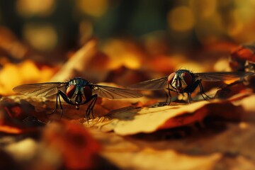 Wall Mural - Two Flies on a Bed of Autumn Leaves in the Sunlight