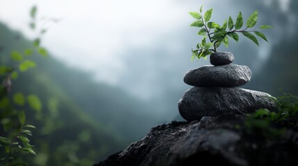 Wall Mural -  A small plant grows atop the highest rock in a stack of stones