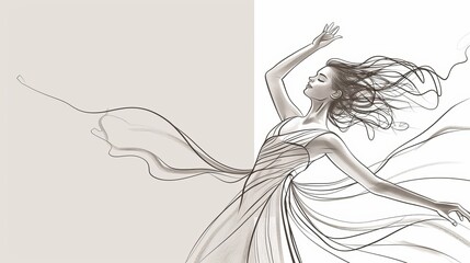 Elegant woman in a flowing dress with her hair blowing in the wind.