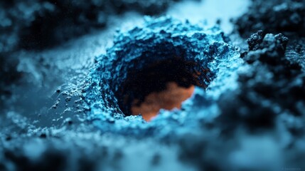 Wall Mural -  A tight shot of a crater in the earth, featuring a blue pool at its center, and a red deposit in its depths