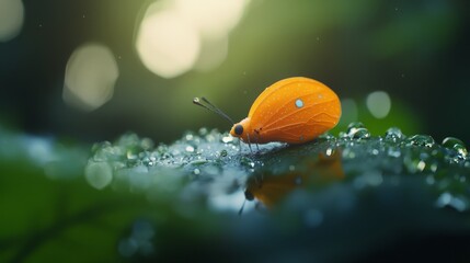 Sticker -  A tiny orange insect perches on a rain-speckled green leaf, dotted with water drops