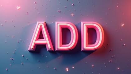 Wall Mural - 3D text 'ADD' with neon pink glow and scattered small hearts on a gradient background.