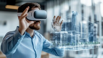 Poster - A man is wearing a virtual reality headset and is looking at a city model. Concept of excitement and wonder as the man explores the virtual city