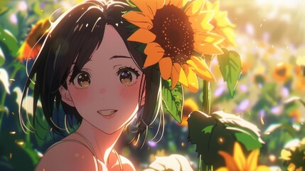 A young woman with dark hair smiles brightly in a field of sunflowers.