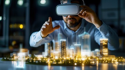 Poster - A man is wearing a virtual reality headset and is looking at a city model. Concept of excitement and wonder as the man explores the virtual city
