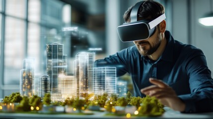 Poster - A man is wearing a virtual reality headset and is looking at a city model