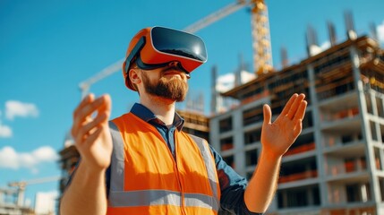 Poster - A man wearing an orange vest and a VR headset is standing in front of a building. He is holding his hands up in the air, possibly in a gesture of excitement or surprise