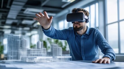 Wall Mural - A man wearing a virtual reality headset is playing a game. The room is dimly lit, and the man is focused on the game. Scene is intense and focused, as the man is fully immersed in the virtual world