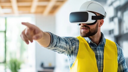 Poster - A man wearing a vest and a VR headset is standing in front of a building. He is holding his hands up in the air, possibly in a gesture of excitement or surprise