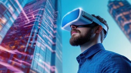 Poster - A man wearing a virtual reality headset is looking at a city skyline