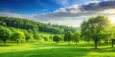 Lush landscape with vibrant green trees , nature, outdoors, scenic, environment, forest, foliage, woodland, park