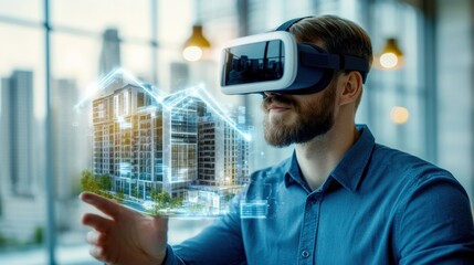 An engineer man with virtual reality Technology modern ecological urban blue skyscraper building city design futuristic architecture