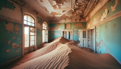 Wall Mural - Interior of an abandoned apartment with desert dunes inside