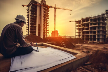 Construction worker reviewing blueprints at sunset.