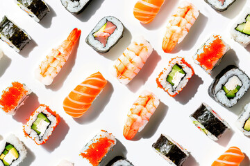 Wall Mural - pattern of variety of sushis on white background. Top view