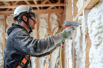 Wall Mural - Construction worker using a spray foam gun to insulate a wall.