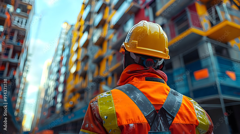 Construction worker wearing a yellow helmet and orange safety vest ...