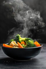 Poster - Steaming Bowl of Fresh Vegetables against Dark Background. Healthy and Nutritious Food Concept. Simple yet Elegant Food Photography. Perfect for Health and Wellness Blogs. AI