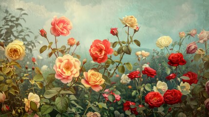 Wall Mural - A vintage illustration of a rose garden, with a variety of roses in different colors and stages of bloom