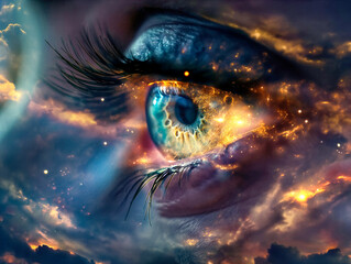 Wall Mural - A person's eye is shown in a colorful, dreamy space with clouds and stars. The eye is surrounded by a blue and orange glow, giving it a surreal and otherworldly appearance