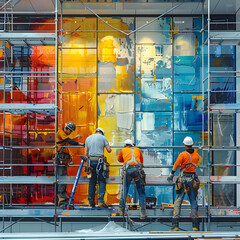 Wall Mural - Construction workers on scaffolding installing colorful glass panels on a building.