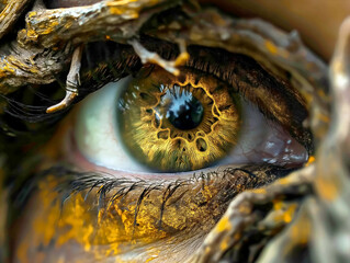 Sticker - A close up of a person's eye with gold and brown colors. The eye is surrounded by a leafy green frame