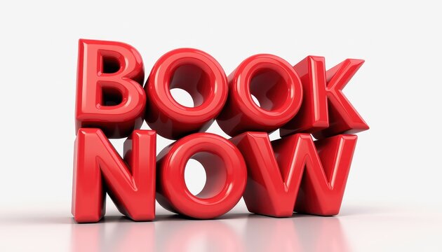 Book now 3D text illustration. Word lettering web banner design. Advertising, commerce, sale, reservation concept.