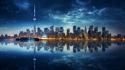 Aufkleber - Photograph of a bustling city skyline illuminated by the twinkling lights of skyscrapers, reflecting in the calm waters of a nearby river.