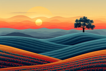 Wall Mural - sunset in farming country illustration