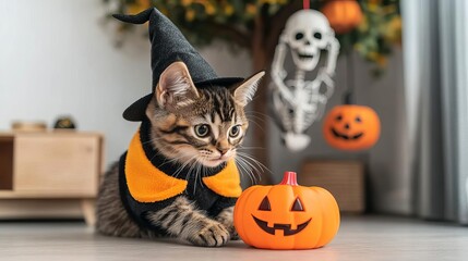 A cute cat in a witch costume, playing with a pumpkin toy, a skeleton hanging from the tree in the background, festive and fun, vibrant colors, pop art style