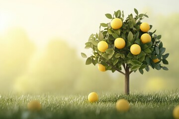 Wall Mural - A small citrus tree with ripe fruit in a grassy field