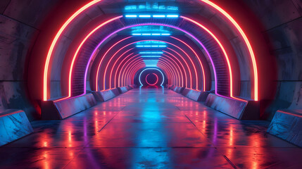 Wall Mural - Futuristic tunnel with vibrant neon lights and wet floor.